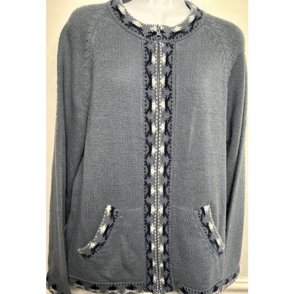 The Alpaca Connection Peru 100% Alpaca Large Cardigan Sweater Zip Blue Handmade - Picture 1 of 8